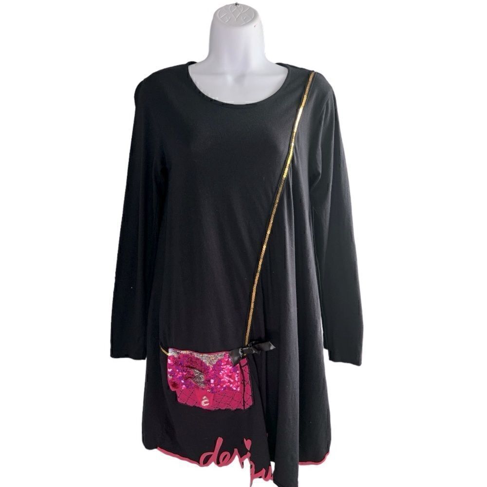 DESIGUAL  Girls Black Pink Embellished Long Sleeve 100% Cotton Dress Size 13/14